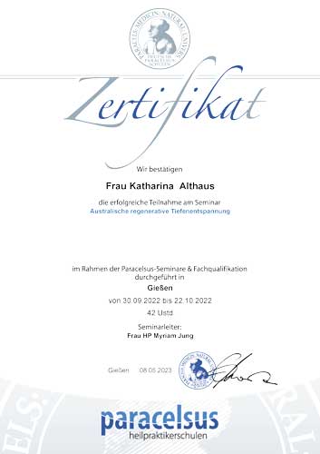 Zertifikat Australische regenerative Tiefenentspannung